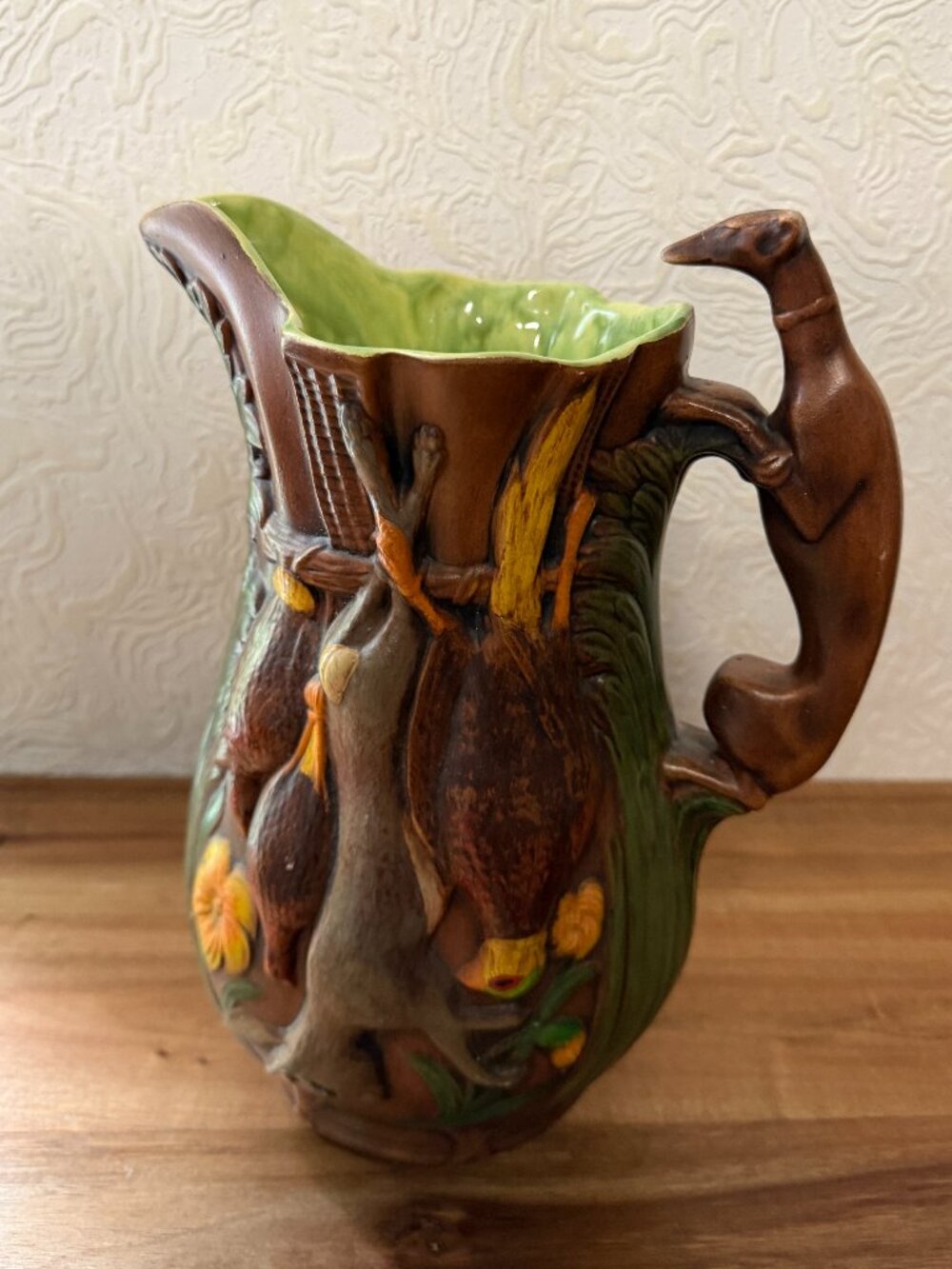 VTG Majolica English Hunting Pitcher Greyhound Dog Handle Pheasant Fox Animals